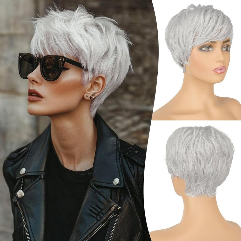 Cute Pixie Cut Wig for Women Platinum‎ Grey with Bangs New